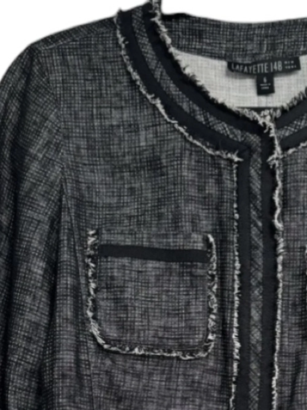 Lafayette 148 Jacket Black Collarless Fringe Linen 14 - Picture 9 of 10